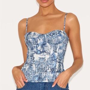 PrettyLittleThing Blue Patterned corset top